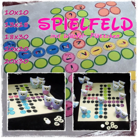 Stickdatei ITH Spiel "...ärgere dich nicht!" Spielfeld, Würfelzahlen und Spielfigur Eule