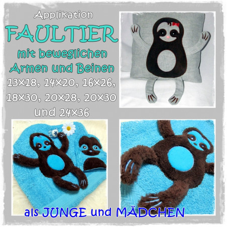 Stickdatei Applikation mit Schlenker- Armen und Beinen Faultier13x18, 14x20, 16x26, 18x30, 20x30 und 24x36