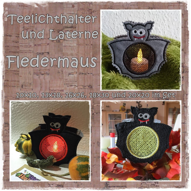 Stickdatei Laterne FLEDERMAUS 10x10, 13x18, 16x26, 18x30 und 20x20 im SET