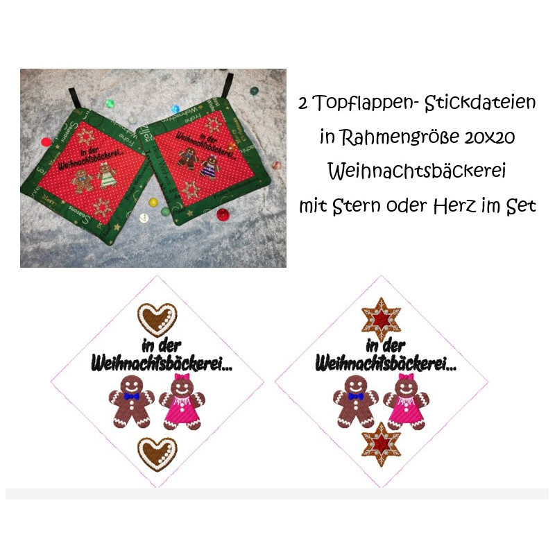 Stickdatei Topflappen In der Weihnachtsbäckerei 20x20 Stickdatei Topflappen In der Weihnachtsbäckerei 20x20