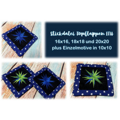 Stickdatei Topflappen ITH  STERN 16x16, 18x18 und 20x20 und Einzelmotiv 10x10 ein- und zweifarbig